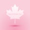 Paper cut Canadian maple leaf with city name Montreal icon isolated on pink background. Paper art style. Vector