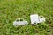 Paper cut of car and truck on green grass background