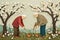 paper cut card A cheerful elderly couple gardening together, surrounded by spring blossoms