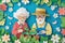 paper cut card A cheerful elderly couple gardening together, surrounded by spring blossoms