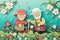 paper cut card A cheerful elderly couple gardening together, surrounded by spring blossoms