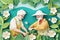 paper cut card A cheerful elderly couple gardening together, surrounded by spring blossoms