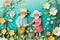 paper cut card A cheerful elderly couple gardening together, surrounded by spring blossoms