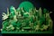 A paper-cut depiction of a city skyline with green buildings and rooftop gardens, showcasing sustainable urban development