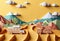 Paper cut desert travel Post background with mountain and cloud, Generative AI