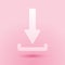 Paper cut Download icon isolated on pink background. Upload button. Load symbol. Arrow point to down. Paper art style