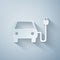 Paper cut Electric car and electrical cable plug charging icon isolated on grey background. Electric car charging sign