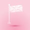 Paper cut Flag of Great Britain on flagpole icon isolated on pink background. UK flag sign. Official United Kingdom flag