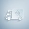 Paper cut Flour truck icon isolated on grey background. Paper art style. Vector