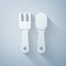 Paper cut Fork and spoon icon isolated on grey background. Cooking utensil. Cutlery sign. Paper art style. Vector