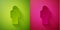Paper cut Gives lecture icon isolated on green and pink background. Stand near podium. Speak into microphone. The