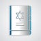 Paper cut Jewish torah book icon isolated on grey background. On the cover of the Bible is the image of the Star of