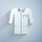 Paper cut Laboratory uniform icon isolated on grey background. Gown for pharmaceutical research workers. Medical