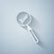 Paper cut Magnifying glass and check mark icon isolated on grey background. Magnifying glass and approved, confirm, done