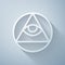 Paper cut Masons symbol All-seeing eye of God icon isolated on grey background. The eye of Providence in the triangle