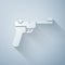 Paper cut Mauser gun icon isolated on grey background. Mauser C96 is a semi-automatic pistol. Paper art style. Vector