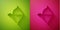 Paper cut Medieval bow and arrow icon isolated on green and pink background. Medieval weapon. Paper art style. Vector