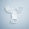 Paper cut Moose head with horns icon isolated on grey background. Paper art style. Vector