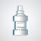 Paper cut Mouthwash plastic bottle and glass icon isolated on grey background. Liquid for rinsing mouth. Oralcare