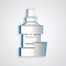 Paper cut Mouthwash plastic bottle and glass icon isolated on grey background. Liquid for rinsing mouth. Oralcare