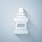 Paper cut Mouthwash plastic bottle icon isolated on grey background. Liquid for rinsing mouth. Oralcare equipment. Paper