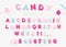 Paper cut out sweet font design. Candy ABC letters and numbers. Pastel pink and blue.