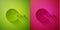 Paper cut Pacman with eat icon isolated on green and pink background. Arcade game icon. Pac man sign. Paper art style