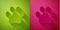 Paper cut Paw print icon isolated on green and pink background. Dog or cat paw print. Animal track. Paper art style