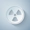 Paper cut Radioactive icon isolated on grey background. Radioactive toxic symbol. Radiation Hazard sign. Paper art style