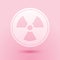 Paper cut Radioactive icon isolated on pink background. Radioactive toxic symbol. Radiation Hazard sign. Paper art style