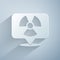 Paper cut Radioactive in location icon isolated on grey background. Radioactive toxic symbol. Radiation Hazard sign