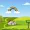 Paper cut of Rural farm landscape with green fields, barn, rainbow, blue sky and clouds, Vector cartoon Spring or Summer