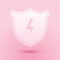 Paper cut Secure shield with lightning icon isolated on pink background. Security, safety, protection, privacy concept