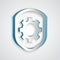 Paper cut Shield with settings gear icon isolated on grey background. Adjusting, service, maintenance, repair, fixing