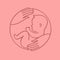 Paper cut style. Logotype with human embryo and caring hands. Baby in the womb. Stylish logo for a prenatal or