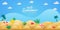 Paper cut style Summer background with beach balls, pool floats, beach animals