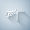Paper cut Submachine gun M3, Grease gun icon isolated on grey background. Paper art style. Vector