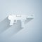 Paper cut Submachine gun M3, Grease gun icon isolated on grey background. Paper art style. Vector