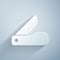 Paper cut Swiss army knife icon isolated on grey background. Multi-tool, multipurpose penknife. Multifunctional tool