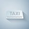 Paper cut Taxi car roof sign icon isolated on grey background. Paper art style