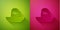 Paper cut Traditional mexican sombrero hat icon isolated on green and pink background. Paper art style. Vector