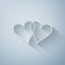 Paper cut Two Linked Hearts icon isolated on grey background. Heart two love sign. Romantic symbol linked, join, passion