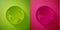 Paper cut Worldwide icon isolated on green and pink background. Pin on globe. Paper art style. Vector