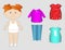 Paper cutout doll with jeans and dresses, little girl, simple vector illustration