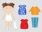 Paper cutout doll with jeans and dresses, little girl, simple vector illustration