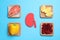 Paper cutout of kidney and different healthy products on light blue background, flat lay