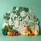 Paper Cutouts of Different Types of Food Against Backdrop of Green Garden, Emphasizing Sustainable Agriculture