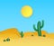 Paper desert. Summer landscape with paper cut succulents cactuses, sand dunes, sun in origami style vector background