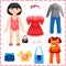 Paper doll with a set of clothes. Cute fashion gir