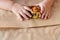 Paper eco bag and croissant on the table. Perfect breakfast in the morning.